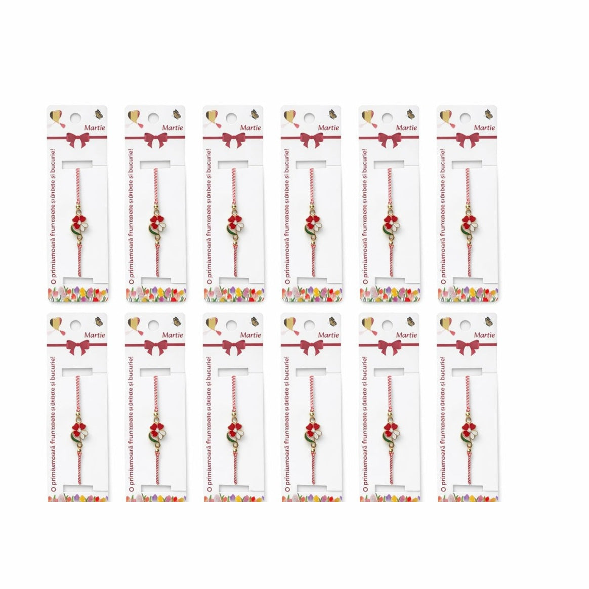 Set 12 bratari martisor cu floricica alb rosu, snur reglabil si detalii metalice
