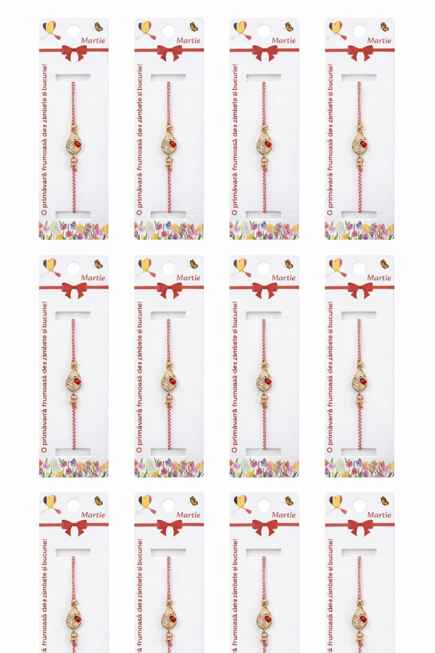 Set 12 bratari martisor cu frunza aurie cu strasuri si buburuza, snur rosu alb, ambalate individual