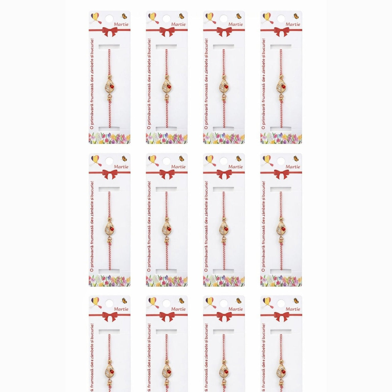 Set 12 bratari martisor cu frunza aurie cu strasuri si buburuza, snur rosu alb, ambalate individual
