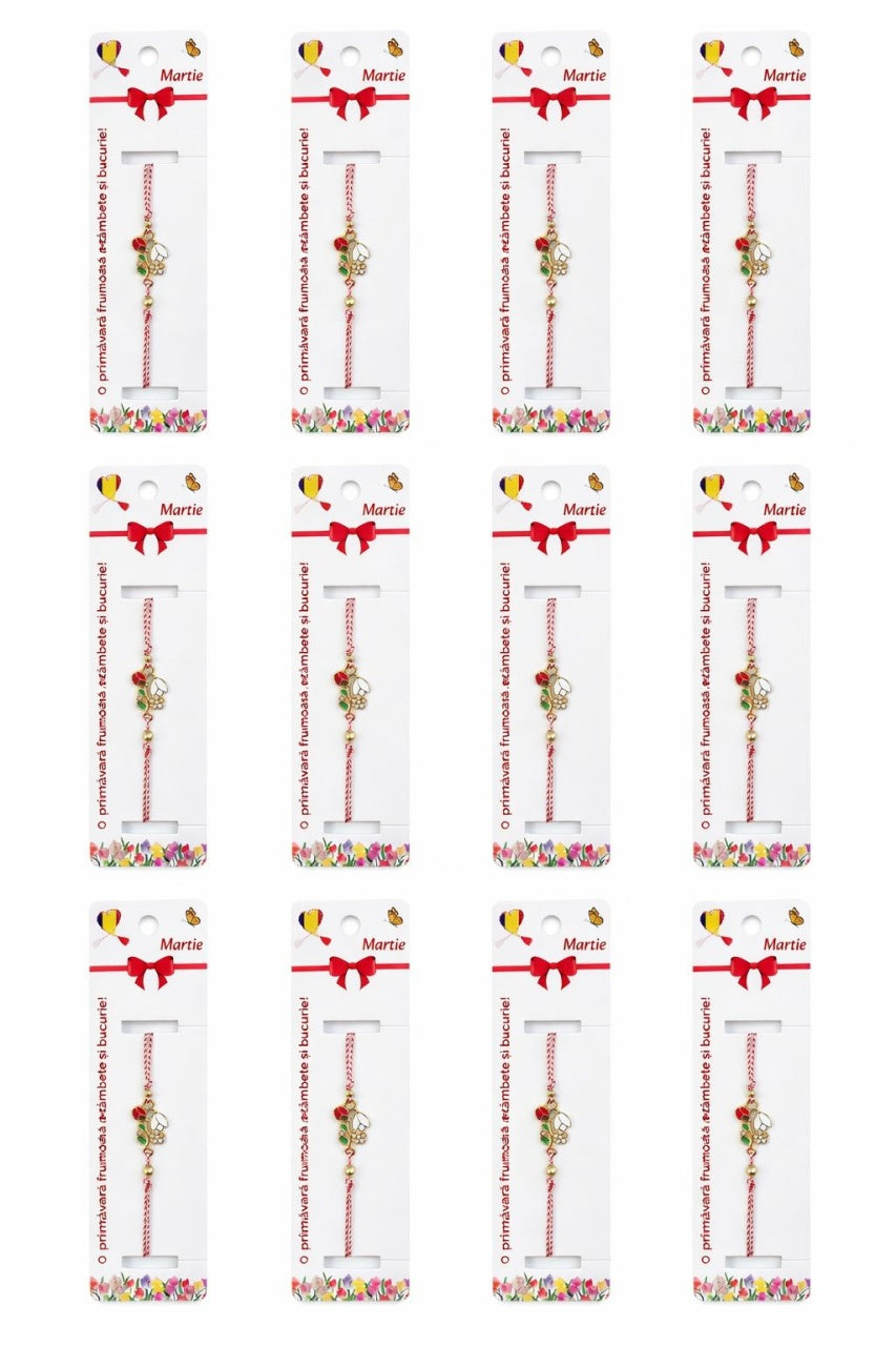 Set 12 bratari martisor cu ghiocel si buburuza, snur rosu alb, ambalate individual