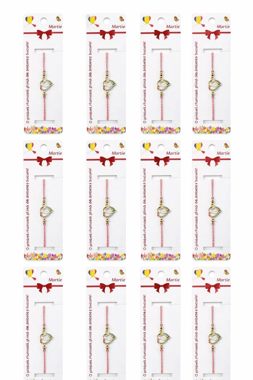 Set 12 bratari martisor cu ghiocel stilizat, snur rosu alb, ambalate individual