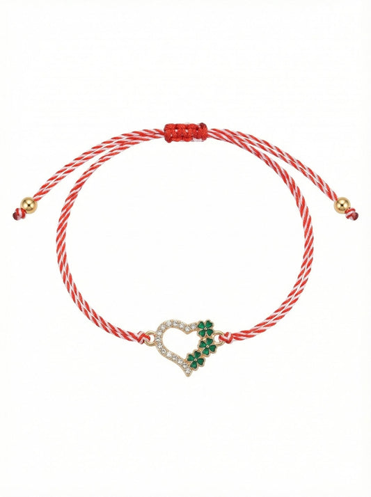 Set 12 bratari martisor cu inimioara si trifoi verzi, snur reglabil rosu-alb