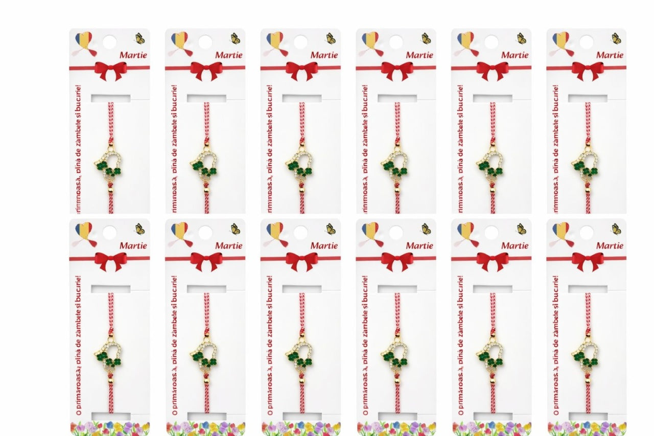 Set 12 bratari martisor cu inimioara si trifoi verzi, snur reglabil rosu-alb
