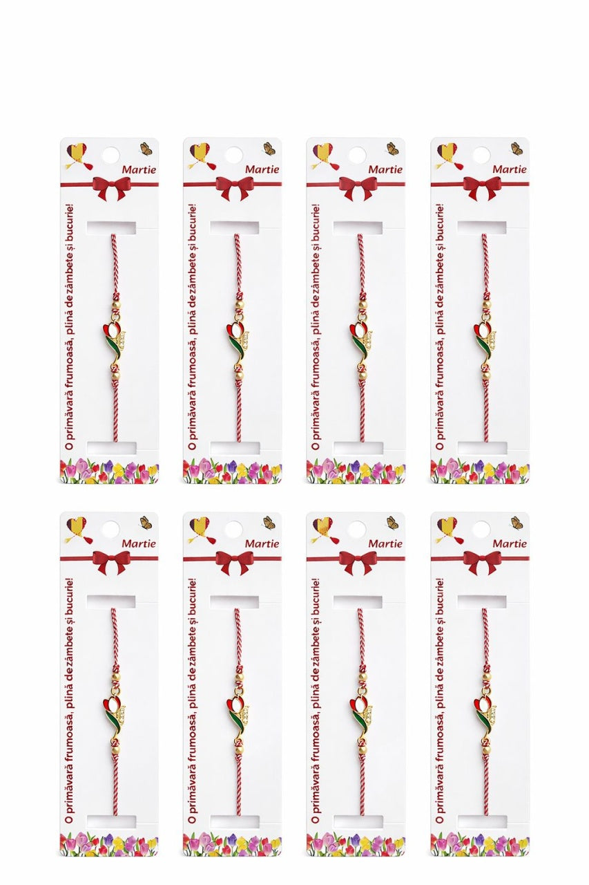 Set 12 bratari martisor cu lalea metalica rosie, snur reglabil, simbol primavara