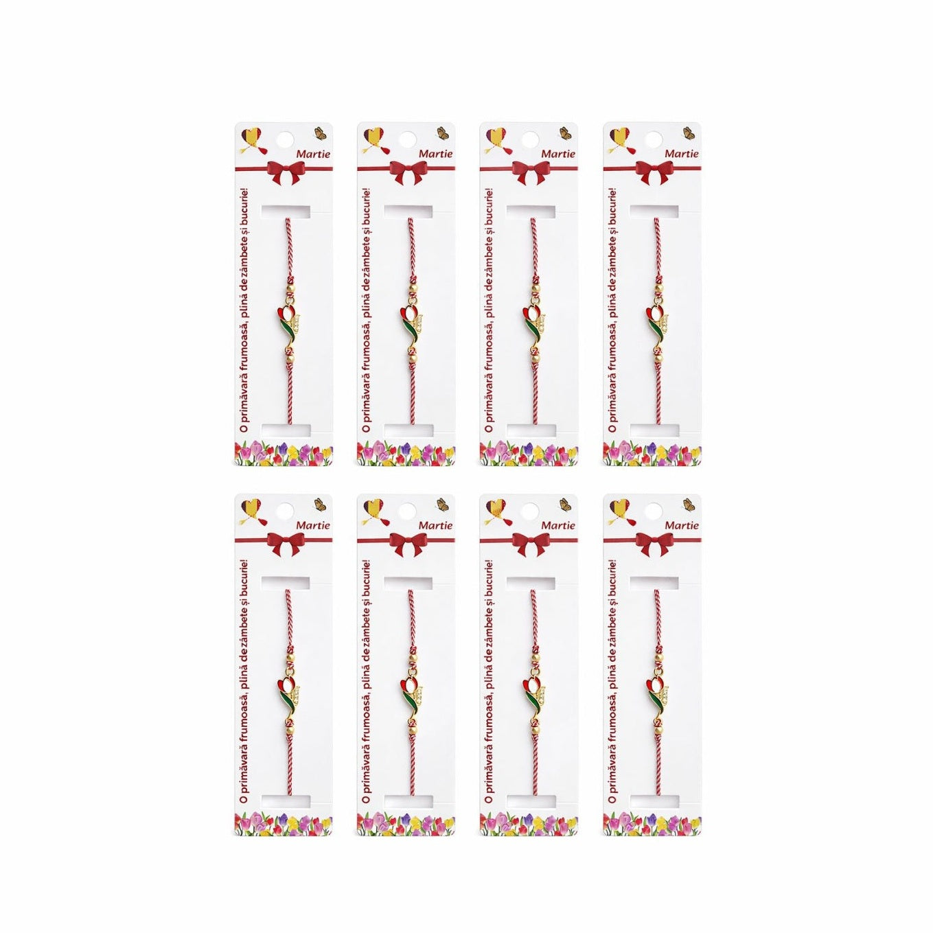 Set 12 bratari martisor cu lalea metalica rosie, snur reglabil, simbol primavara