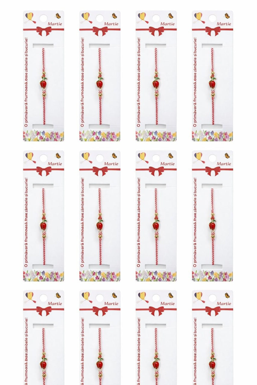 Set 12 bratari martisor cu lalea rosie, snur rosu alb, ambalate individual