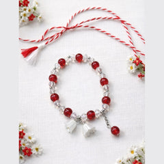 Set 12 Bratari Martisor cu Margele Rosii si Accente Florale Albe