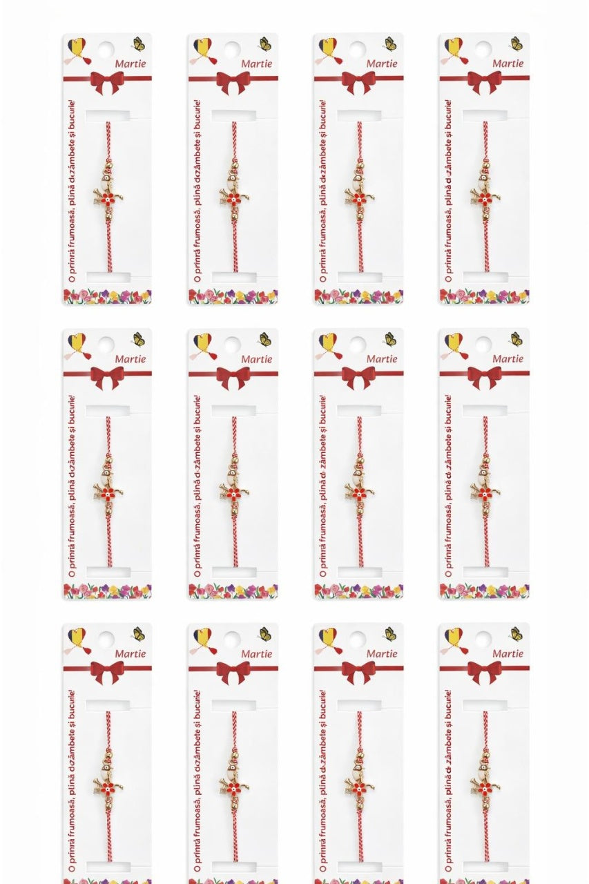 Set 12 bratari martisor cu pasare stilizata si floare, snur rosu alb, ambalate individual