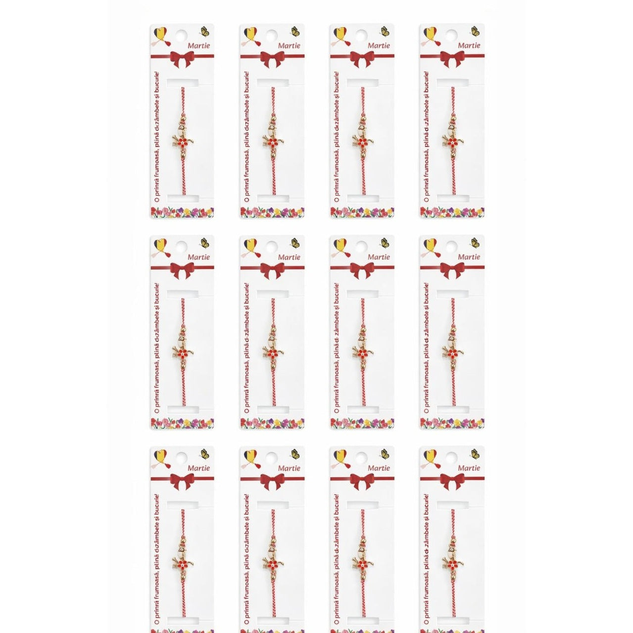 Set 12 bratari martisor cu pasare stilizata si floare, snur rosu alb, ambalate individual