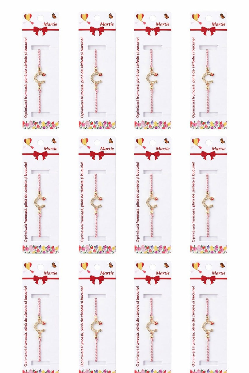 Set 12 bratari martisor cu potcoava stilizata cu strasuri si buburuza, snur rosu alb