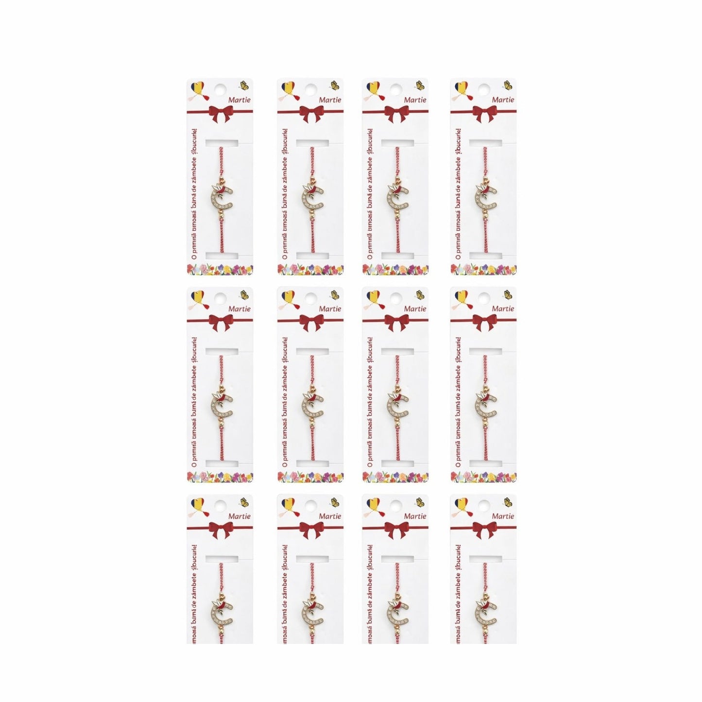 Set 12 bratari martisor cu potcoava stilizata si porumbel, snur rosu alb, ambalate individual