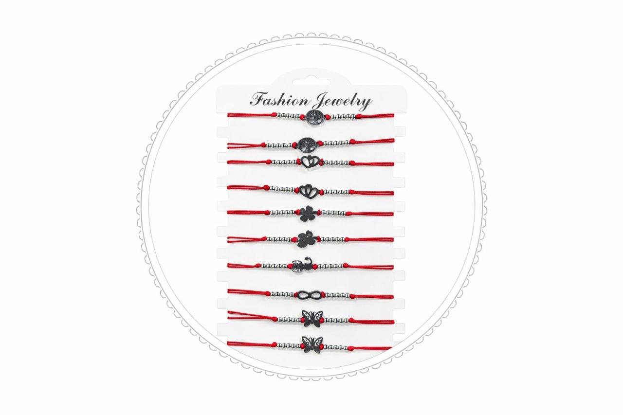 Set 12 Bratari Martisor cu Simboluri Norocoase din Inox, Snur Rosu Reglabil, 20x11 cm