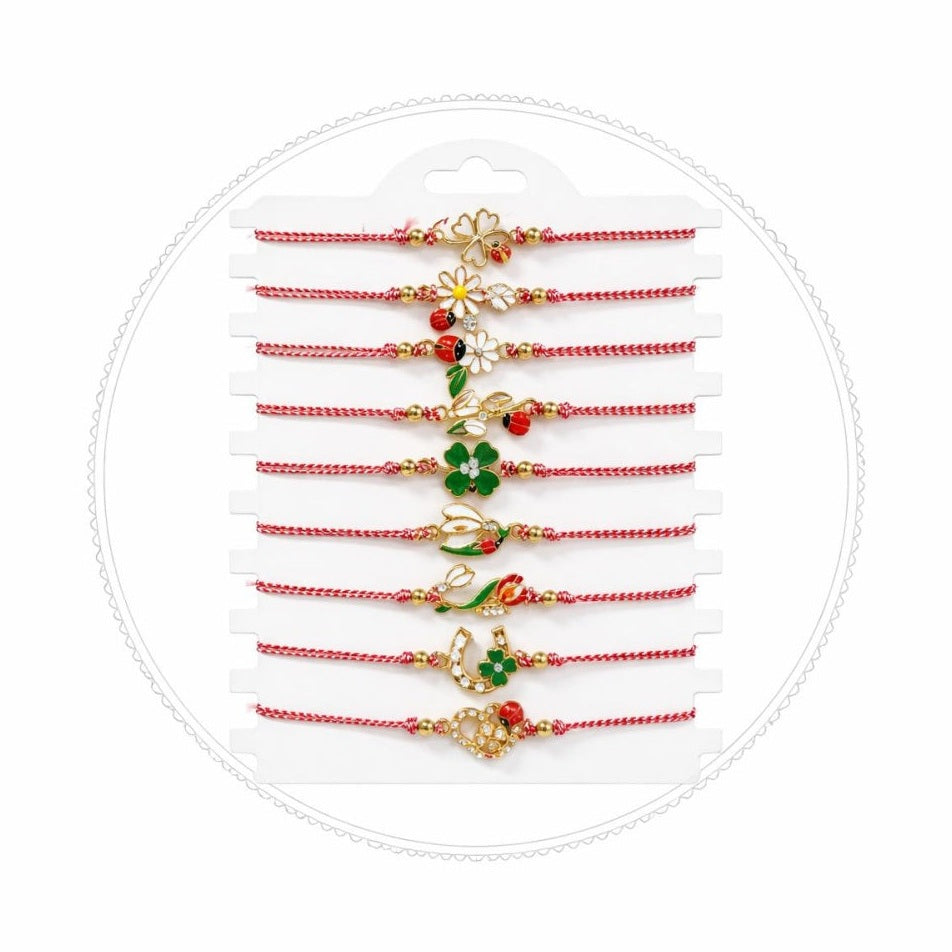 Set 12 Bratari Martisor cu Simboluri Primavara Aurii, Snur Rosu Reglabil, 20x11 cm