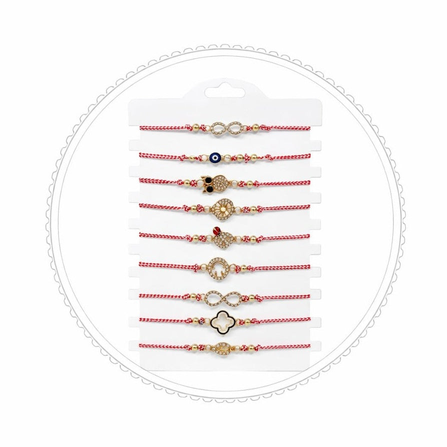Set 12 Bratari Martisor cu Simboluri Protectie Aurii, Snur Rosu Reglabil, 20x11 cm