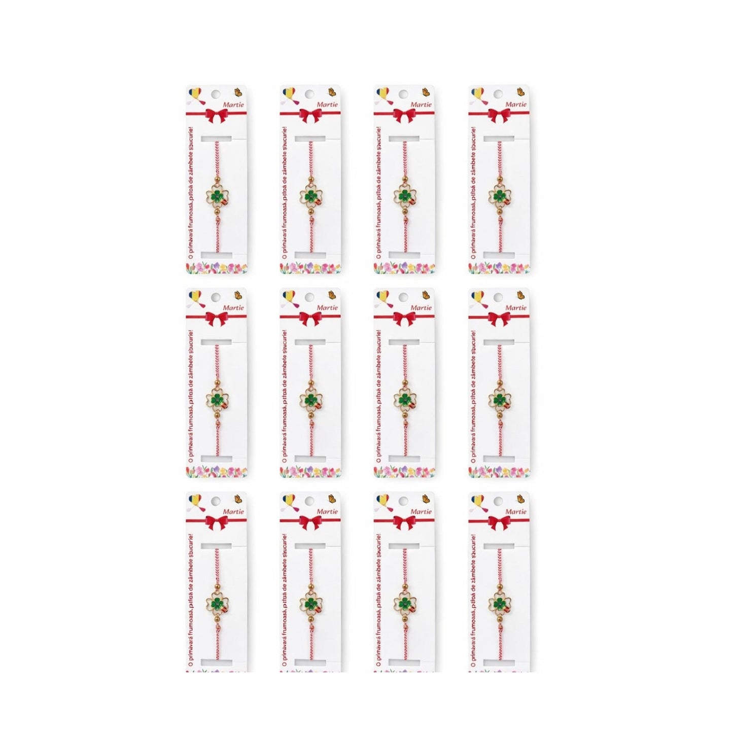 Set 12 bratari martisor cu trifoi norocos si buburuza, snur rosu alb, ambalate individual