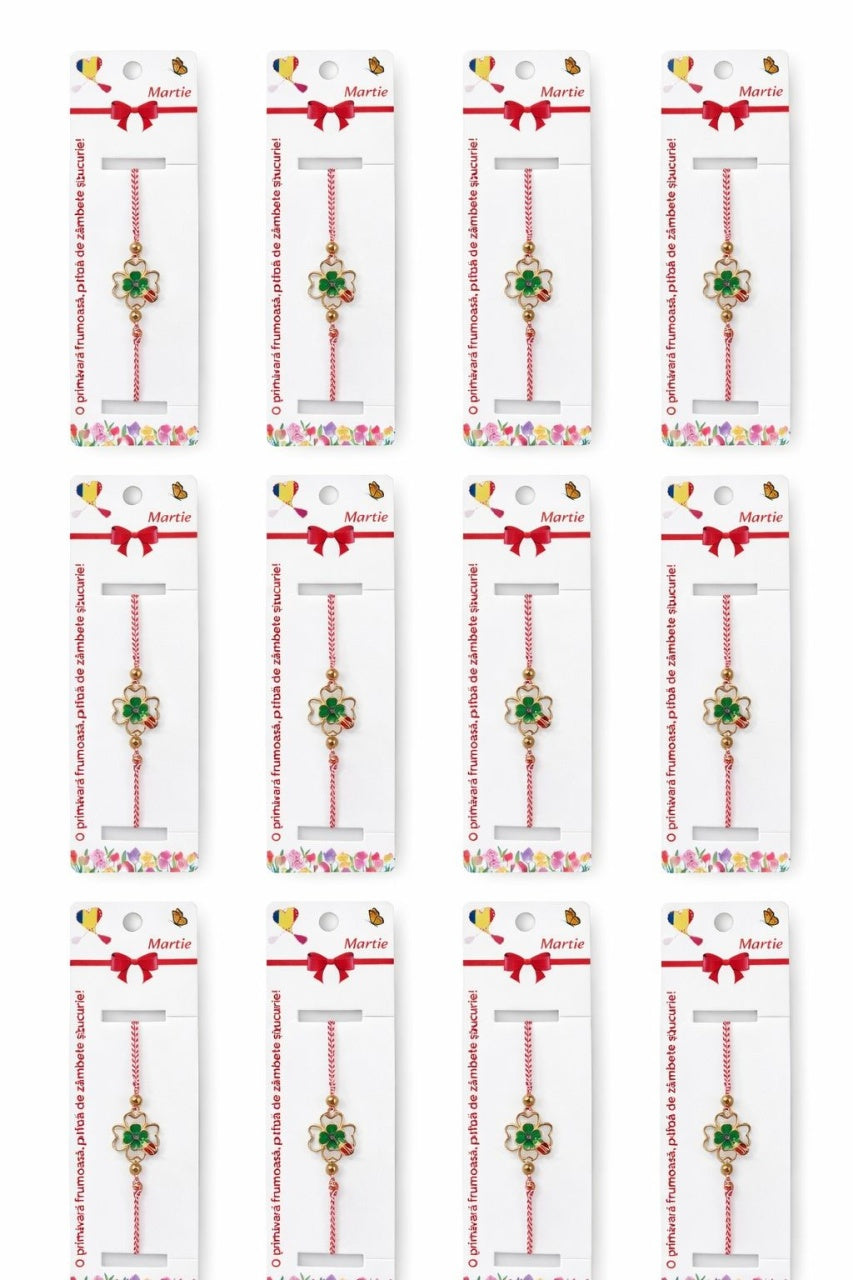 Set 12 bratari martisor cu trifoi norocos si buburuza, snur rosu alb, ambalate individual