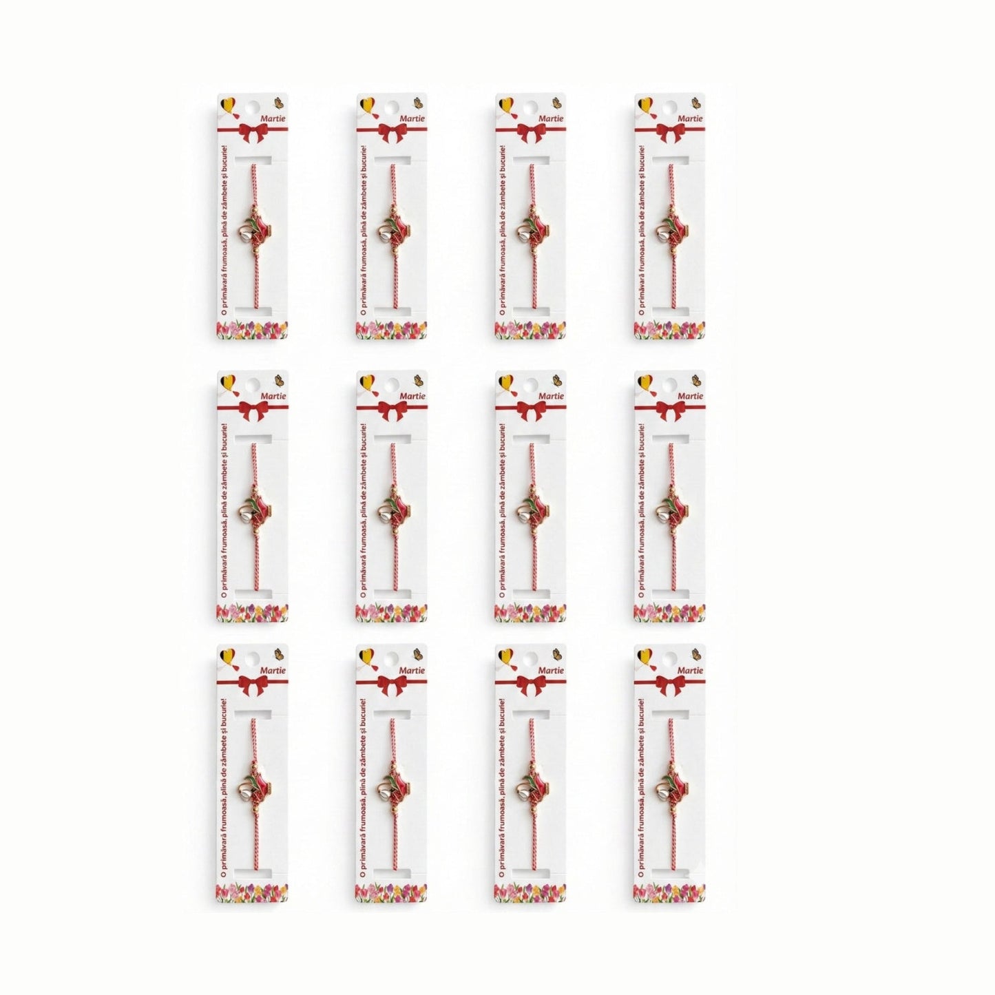 Set 12 bratari martisor cu vaza rosie, ghiocel si buburuza, snur reglabil rosu-alb