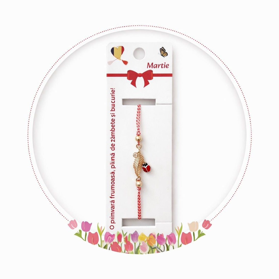 Set 12 Bratari Martisor Frunza Aurie cu Buburuza Snur Alb Rosu