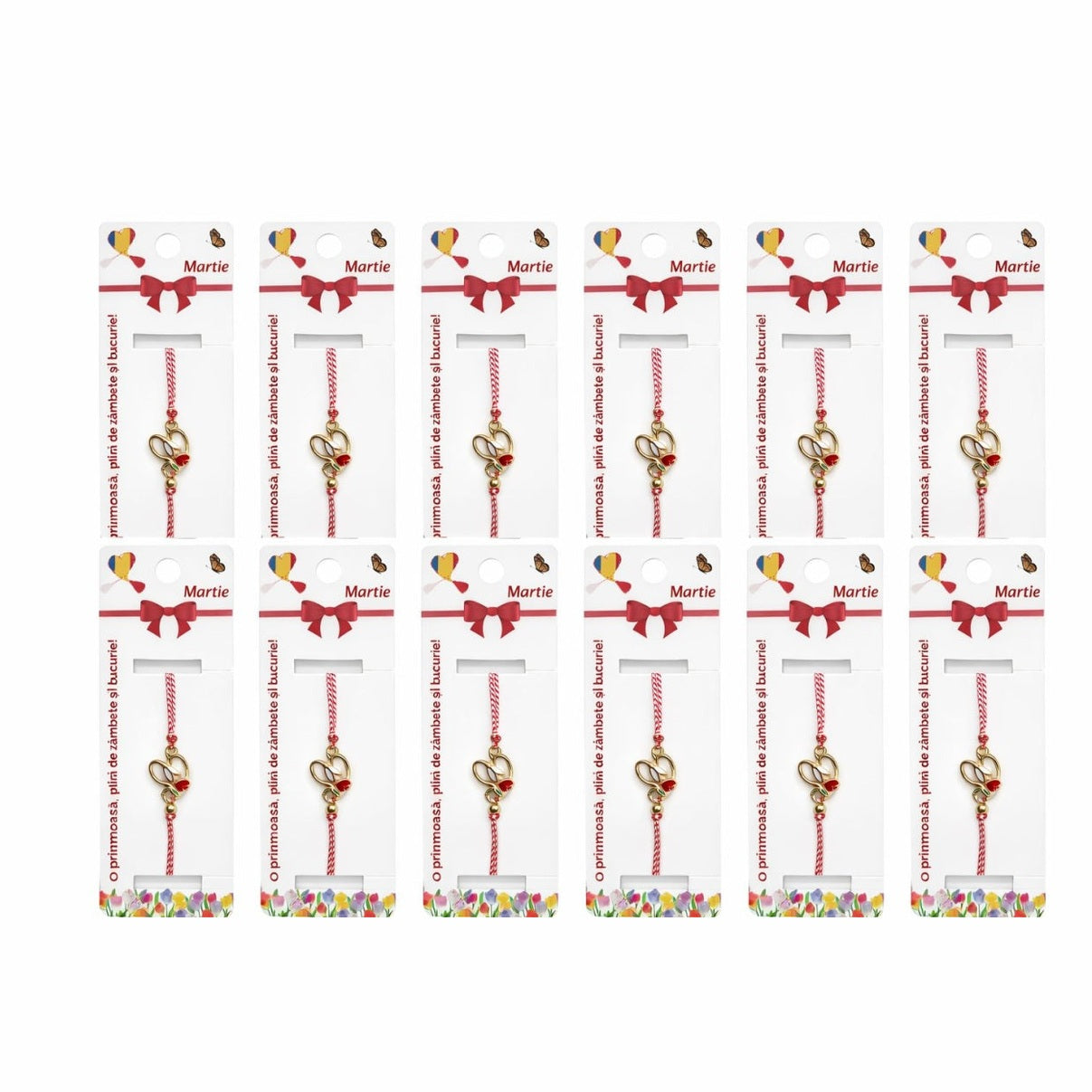 Set 12 Bratari Martisor Ghiocel cu boboc Rosu, simbol Norocos