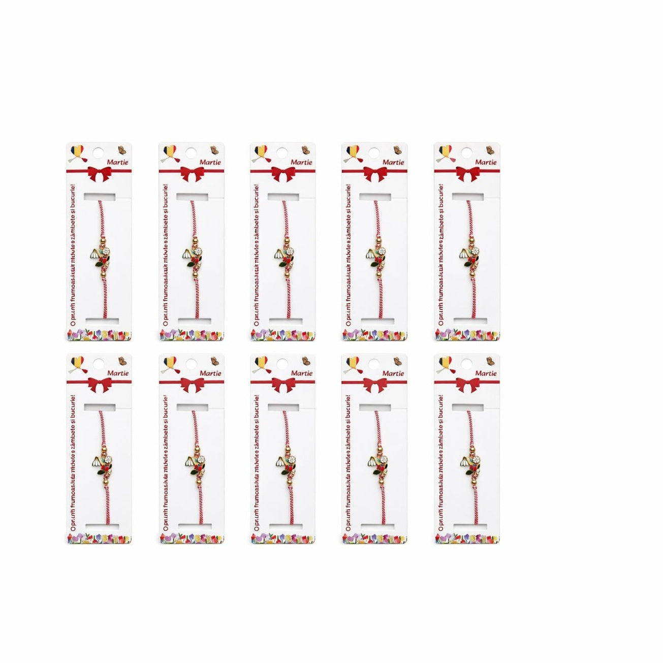 Set 12 Bratari Martisor Ghiocel cu Floare Alba si Buburuza, snur reglabil