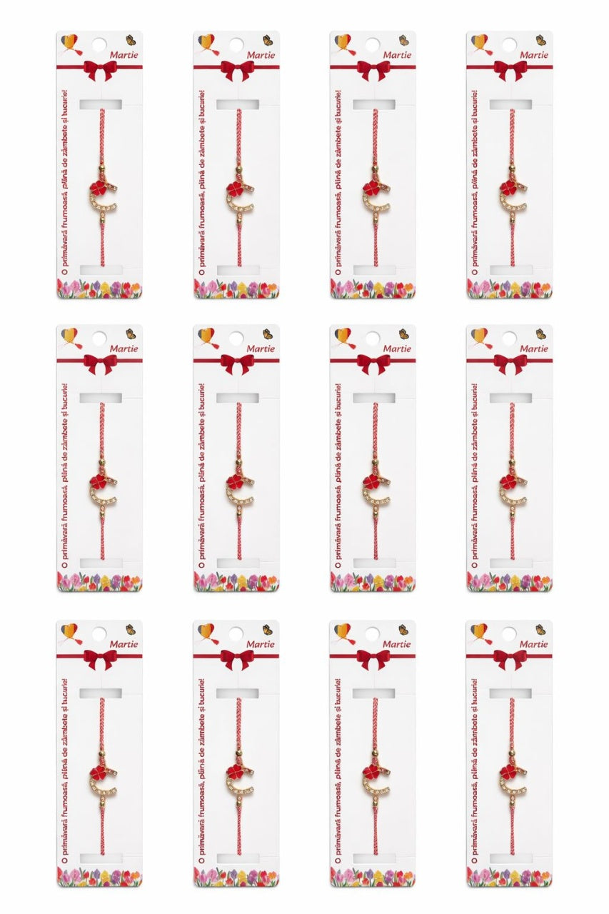 Set 12 Bratari Martisor Potcoava Aurie cu Trifoi Rosu Snur Alb Rosu reglabil