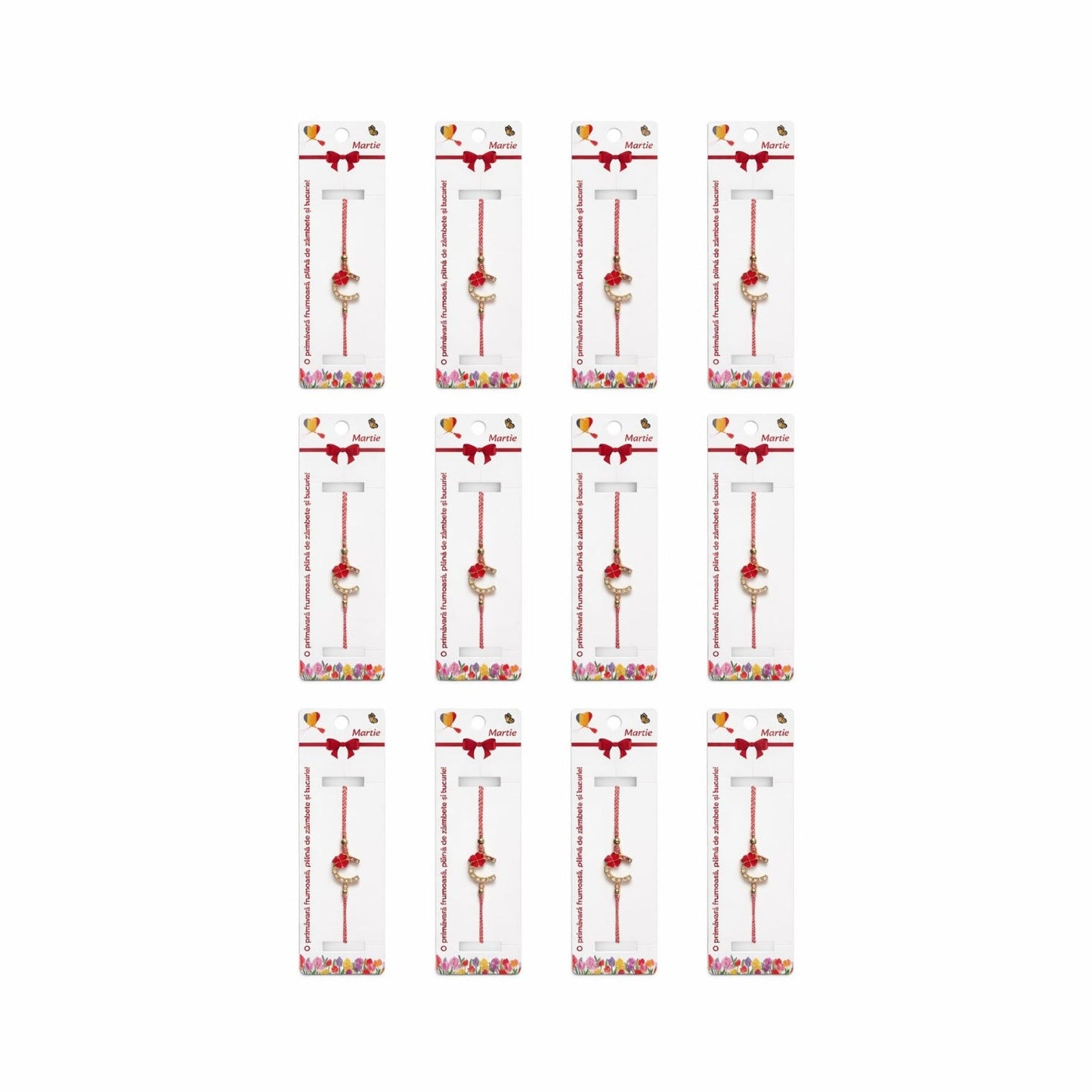 Set 12 Bratari Martisor Potcoava Aurie cu Trifoi Rosu Snur Alb Rosu reglabil