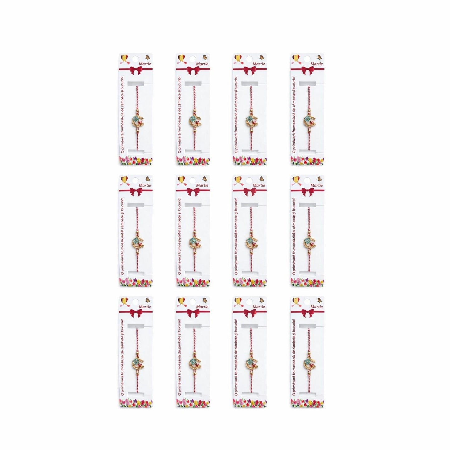 Set 12 Bratari Martisor Potcoava Aurie cu Trifoi si Buburuza Norocoasa, snur reglabil
