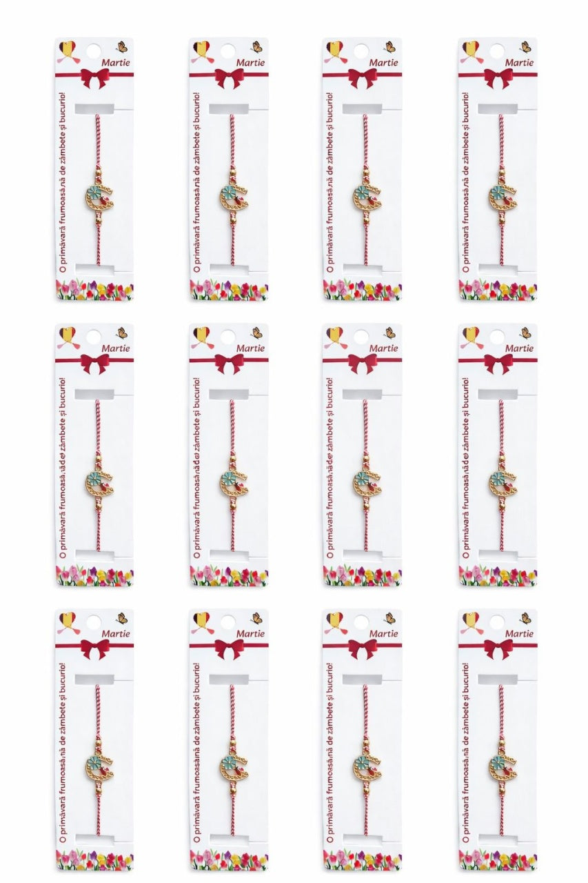 Set 12 Bratari Martisor Potcoava Aurie cu Trifoi si Buburuza Norocoasa, snur reglabil