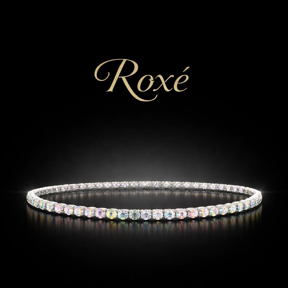 Set 12 bratari ROXE argintii elastice cu pietre albe cu reflexii multicolore