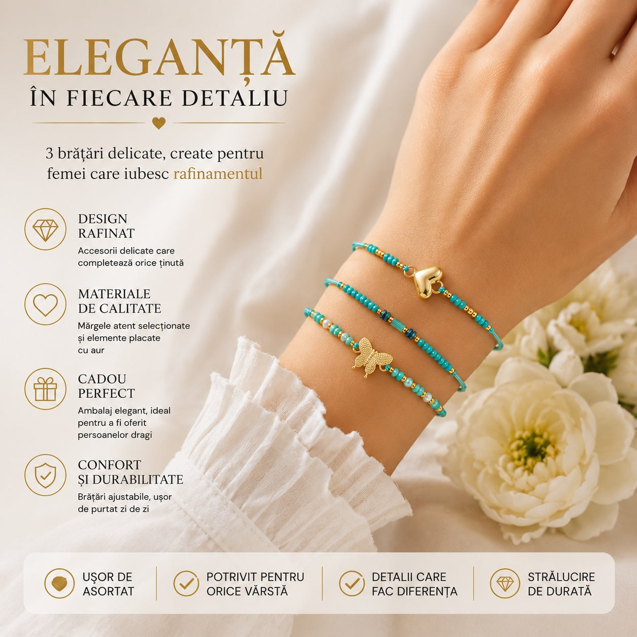 Set 12 Brățări Trio Handmade cu Fluture – 16 cm, Reglabile, Culori Diferite, Design Elegant