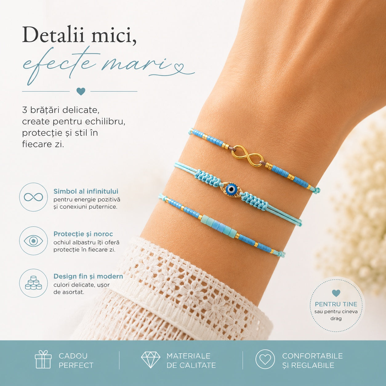 Set 12 Brățări Trio Handmade cu Ochi Protector și Infinit – 16 cm, Reglabile, Culori Diferite