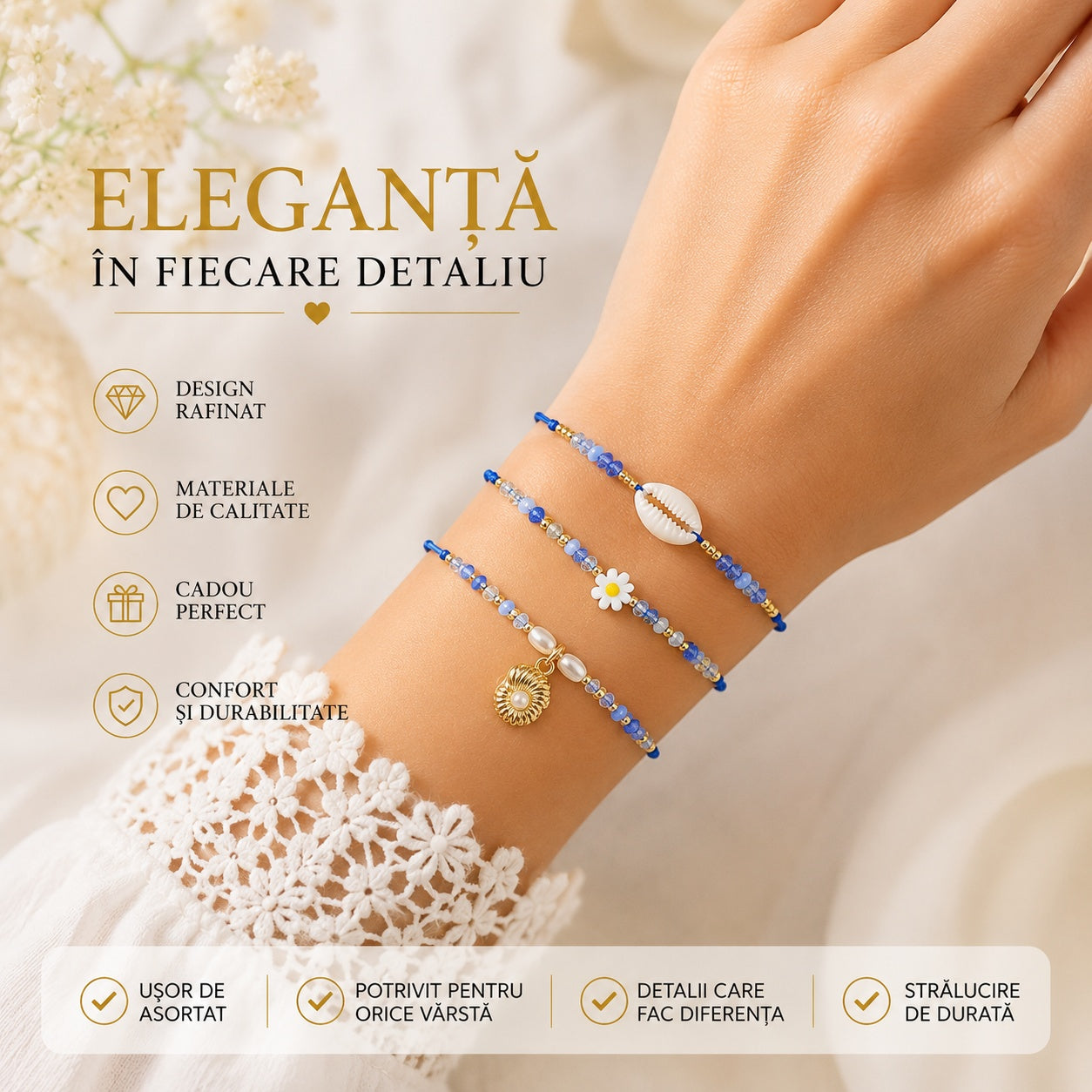 Set 12 Brățări Trio Handmade cu Scoici – 16 cm, Reglabile, Culori Diferite