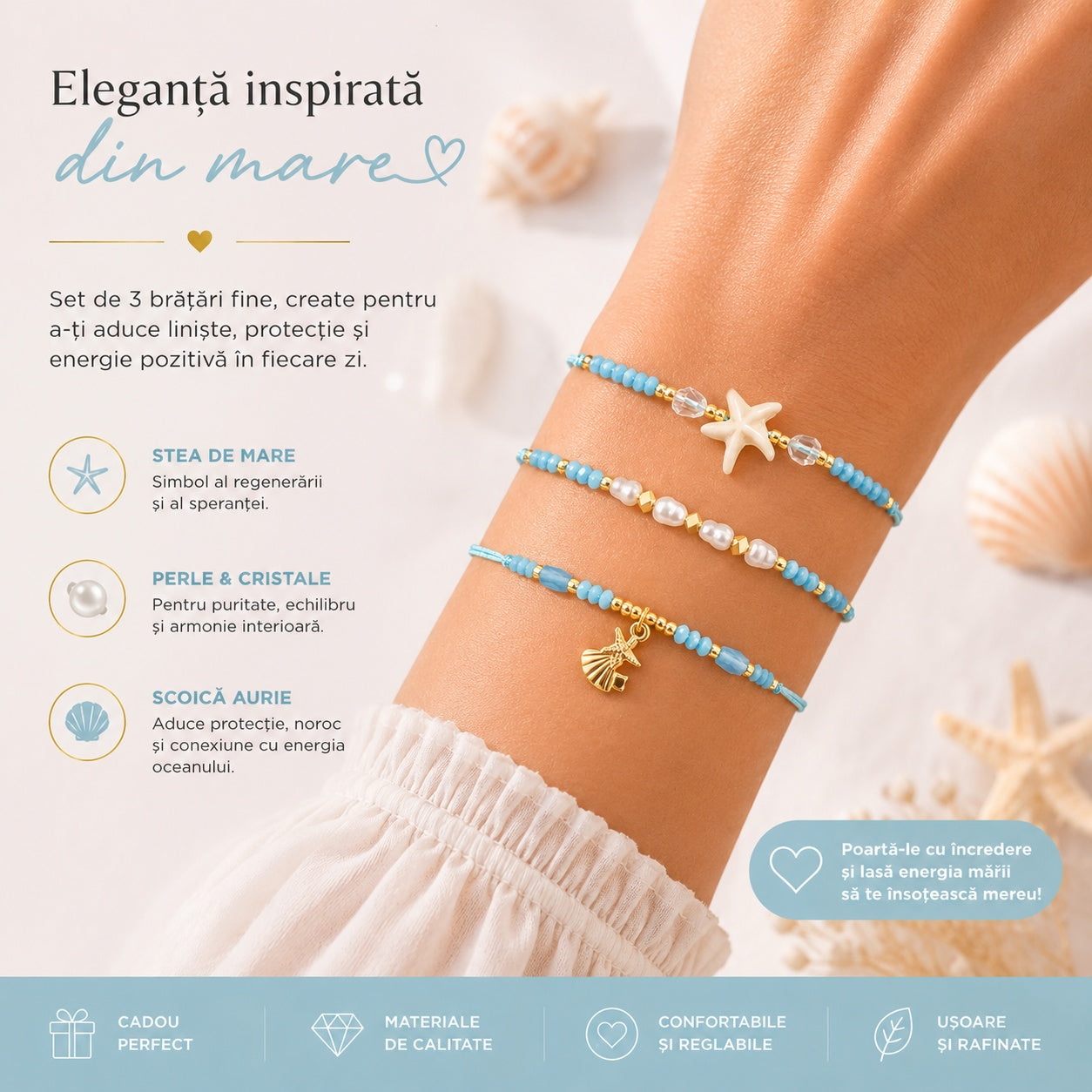 Set 12 Brățări Trio Handmade cu Stea de Mare – 16 cm, Reglabile, Culori Diferite
