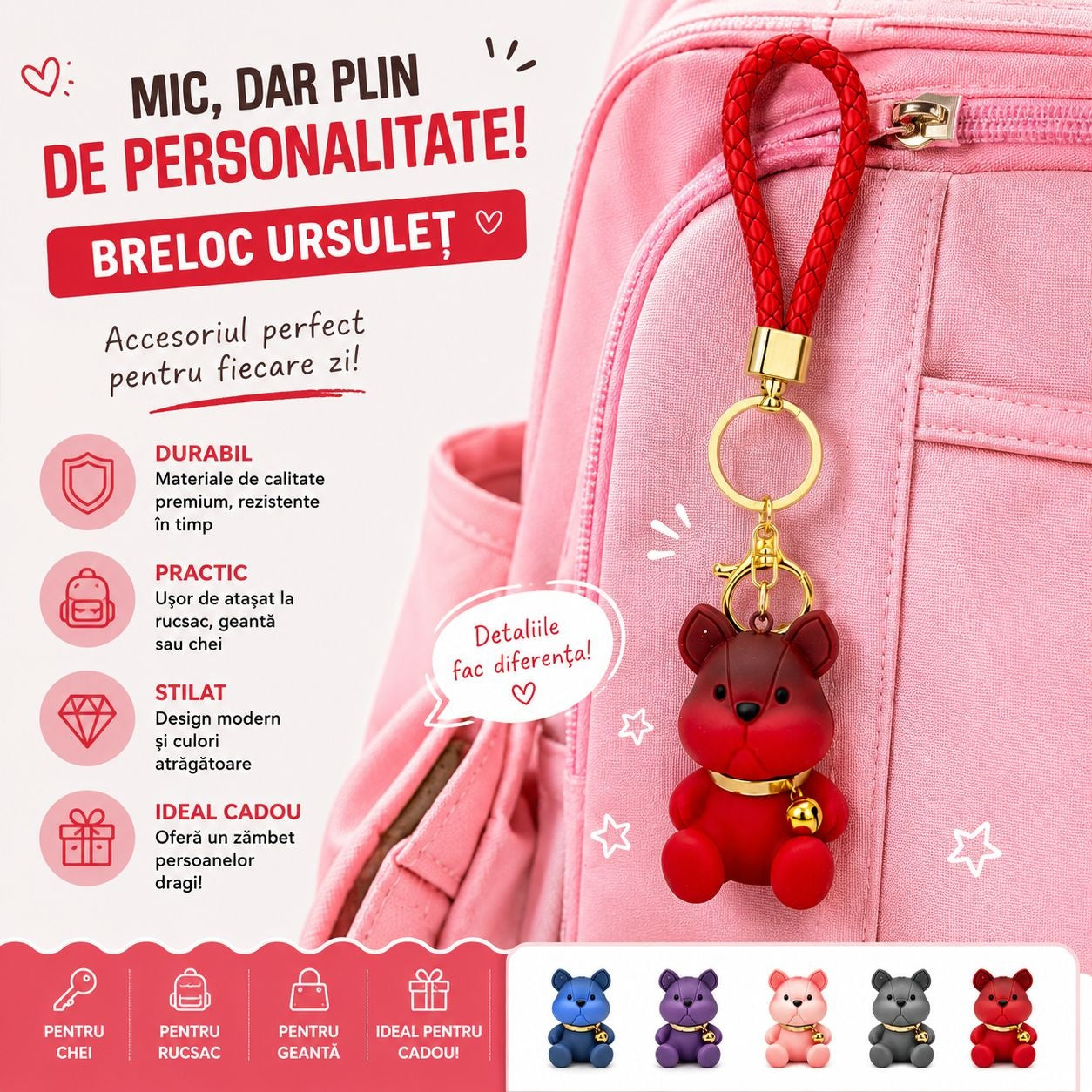 Set 12 Brelocuri Cățeluș 6 cm – Mix Culori, Accesorii pentru Chei, Ghiozdan și Geantă