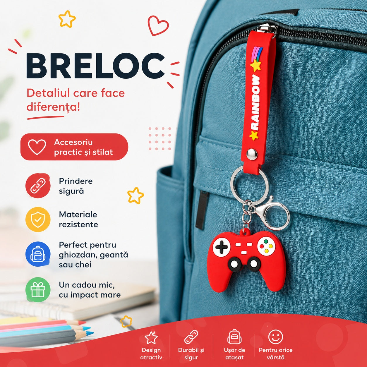 Set 12 Brelocuri Controller Gaming 4 cm pentru Chei și Ghiozdan – Diverse Culori