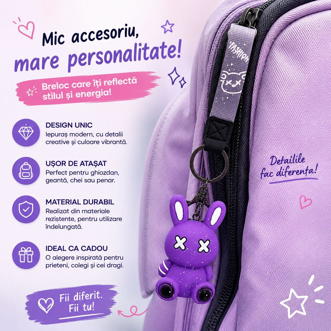 Set 12 Brelocuri Iepuraș 5,5 cm – Mix Culori, Accesorii pentru Chei, Ghiozdan și Geantă