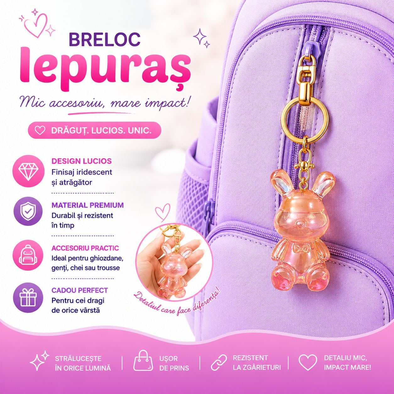 Set 12 Brelocuri Iepuraș 5.5 cm – Mix Culori Iridescente, Accesorii Drăguțe pentru Chei și Ghiozdane