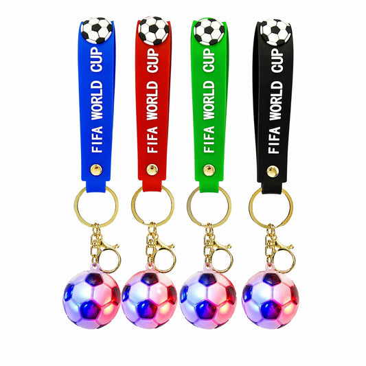 Set 12 brelocuri minge fotbal cu LED multicolor si curea colorata