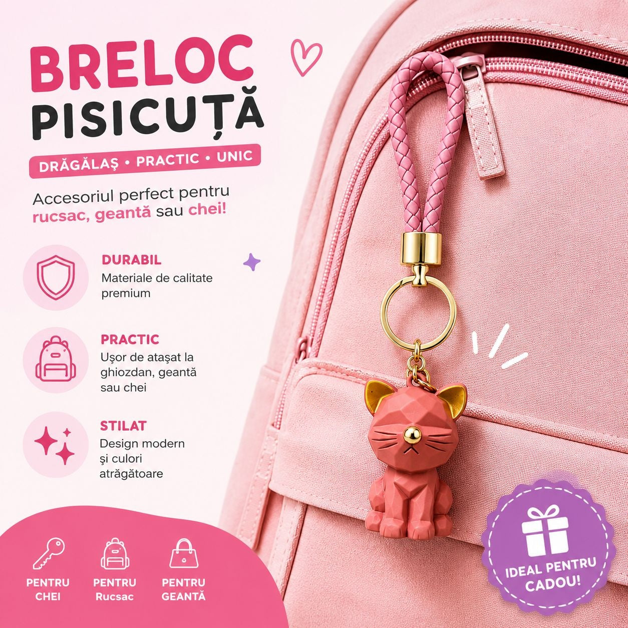 Set 12 Brelocuri Pisică 4,5 cm – Mix Culori, Accesorii pentru Chei, Ghiozdan și Geantă