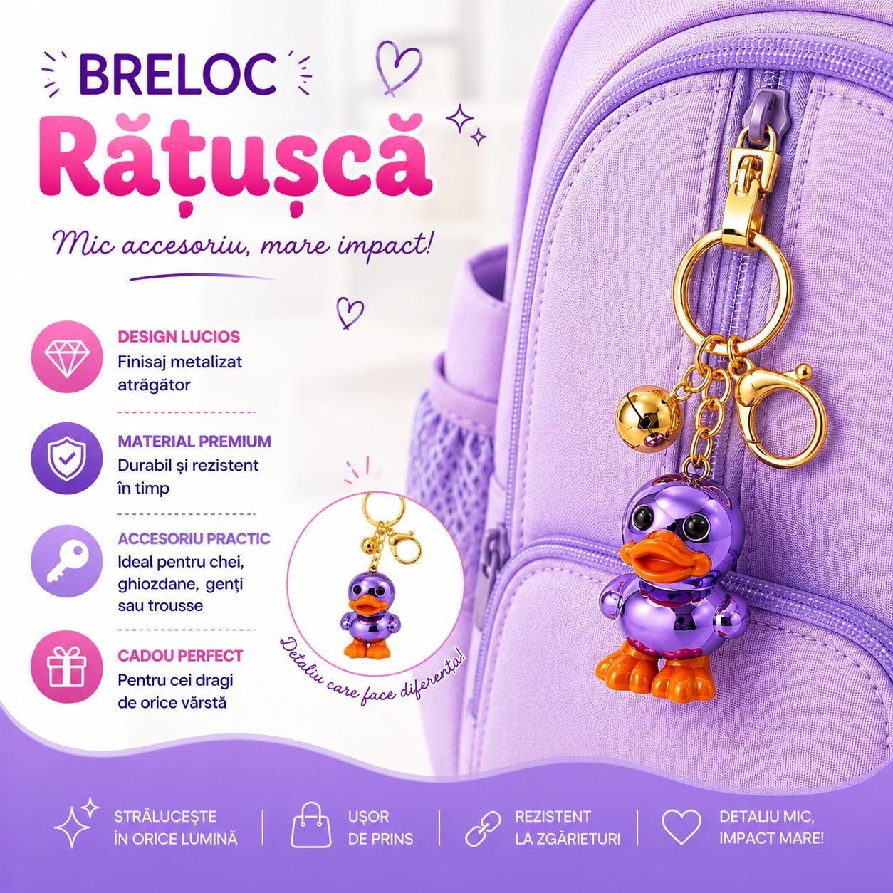 Set 12 Brelocuri Rățușcă 5 cm – Mix Culori Metalizate, Accesorii Drăguțe pentru Chei și Genți