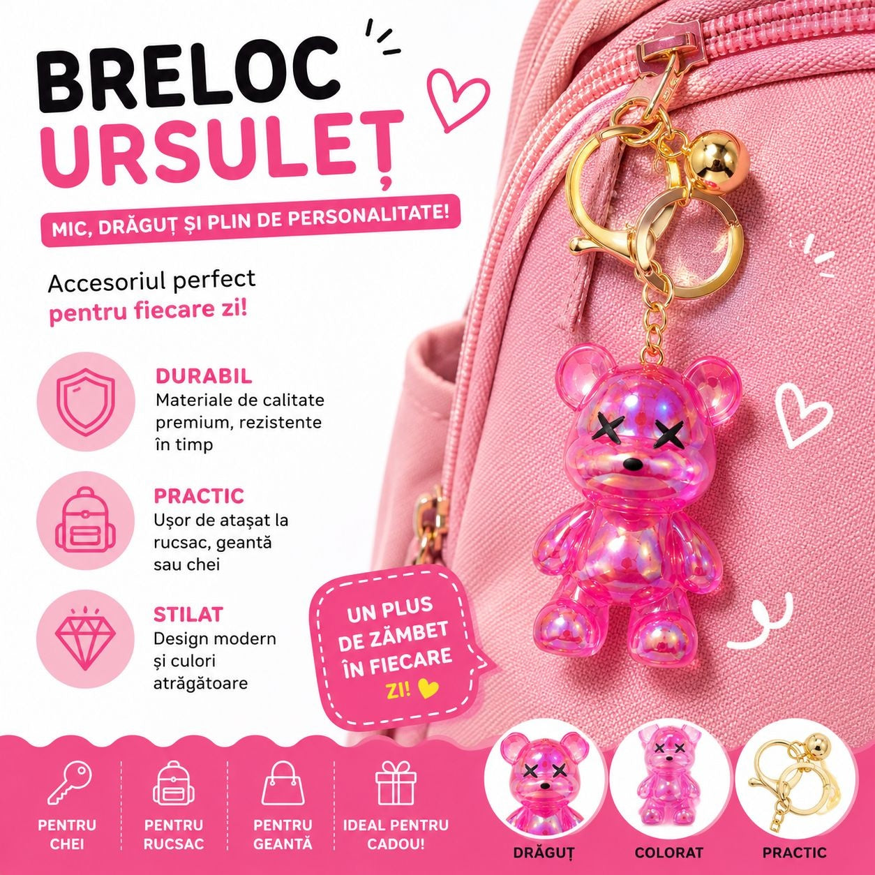 Set 12 Brelocuri Ursuleț 5,5 cm – Mix Culori Holografice, Accesorii pentru Chei, Ghiozdan și Geantă