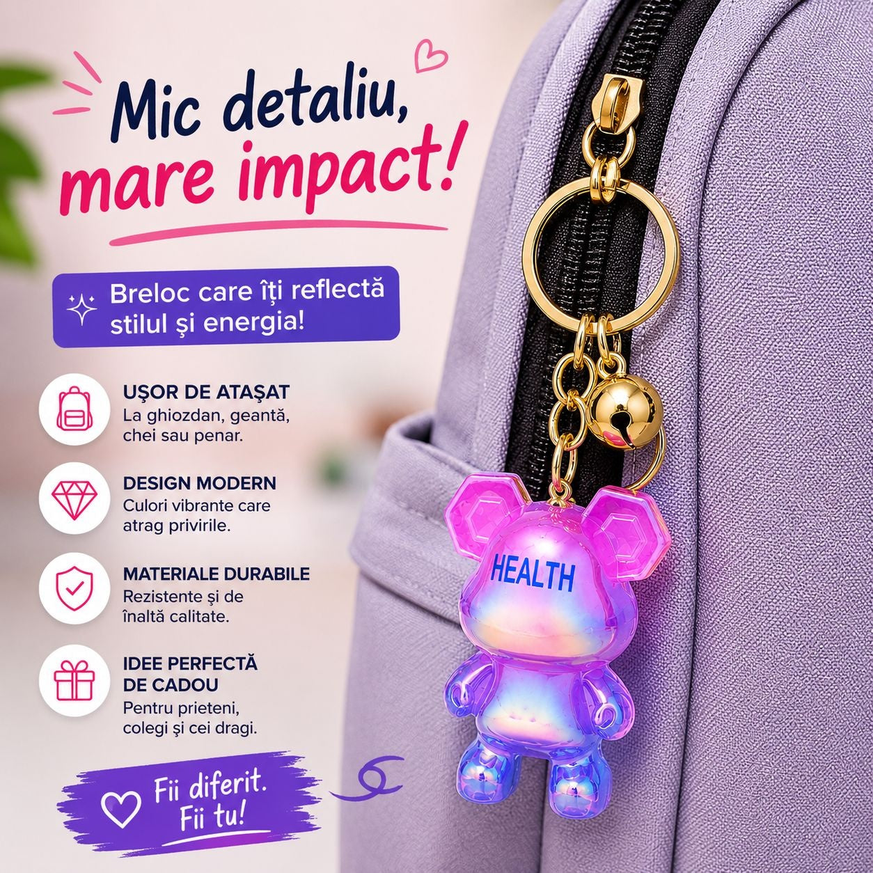 Set 12 Brelocuri Ursuleț 5,5 cm – Mix Culori Iridescente, Accesorii pentru Chei și Ghiozdan