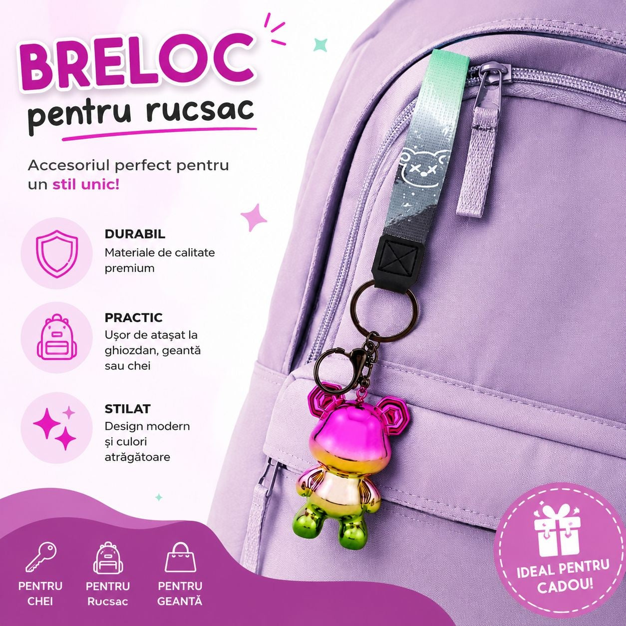 Set 12 Brelocuri Ursuleț 5,5 cm – Mix Culori Metalizate, Accesorii pentru Ghiozdan, Geantă și Chei