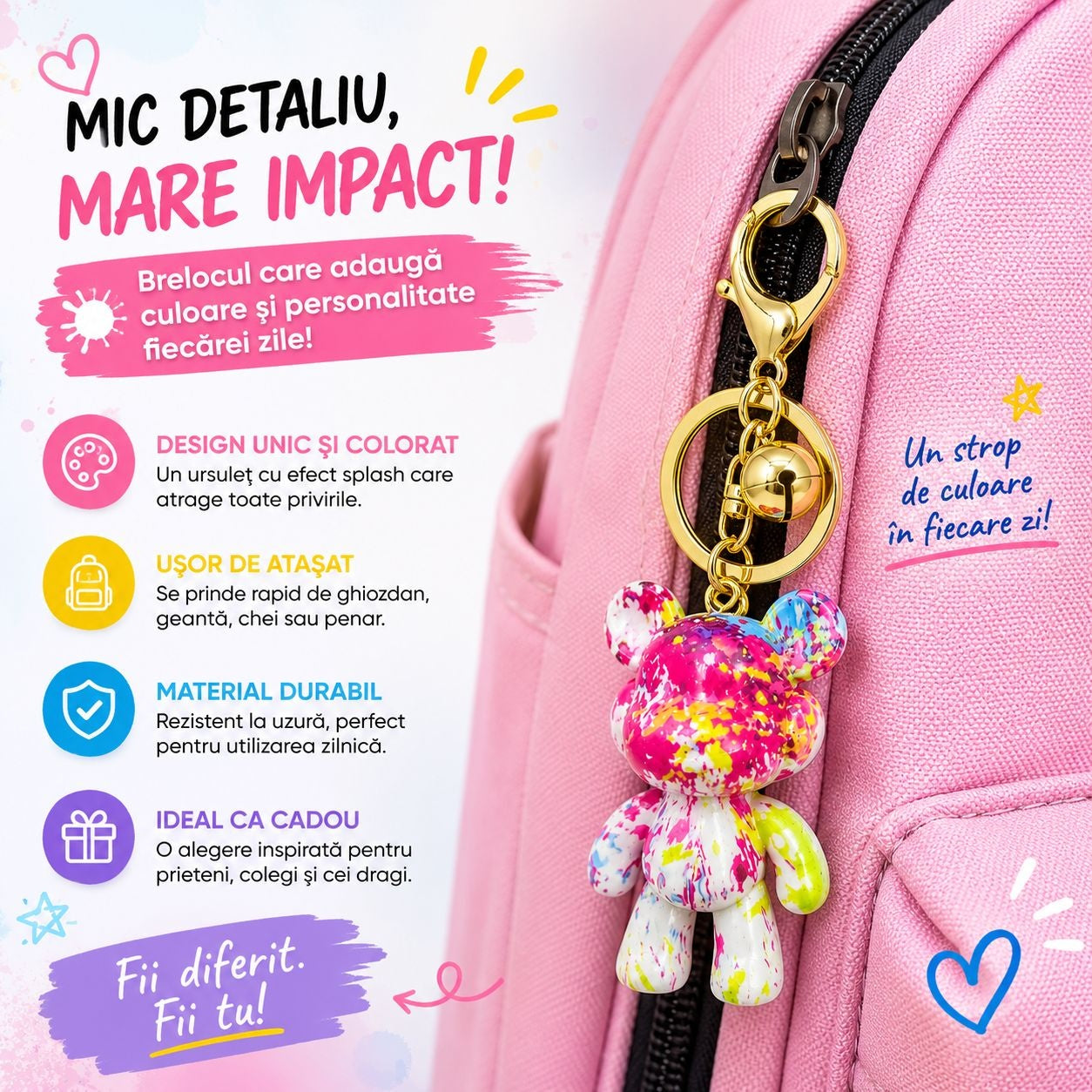Set 12 Brelocuri Ursuleț 5,5 cm – Mix Culori Splash, Accesorii pentru Chei, Ghiozdan și Geantă