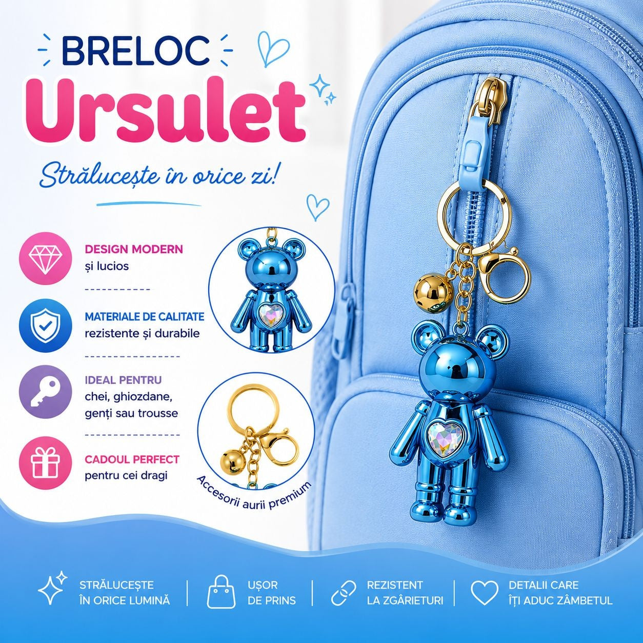 Set 12 Brelocuri Ursuleț 6 cm – Mix Culori Metalizate, Accesorii Premium pentru Chei și Genți