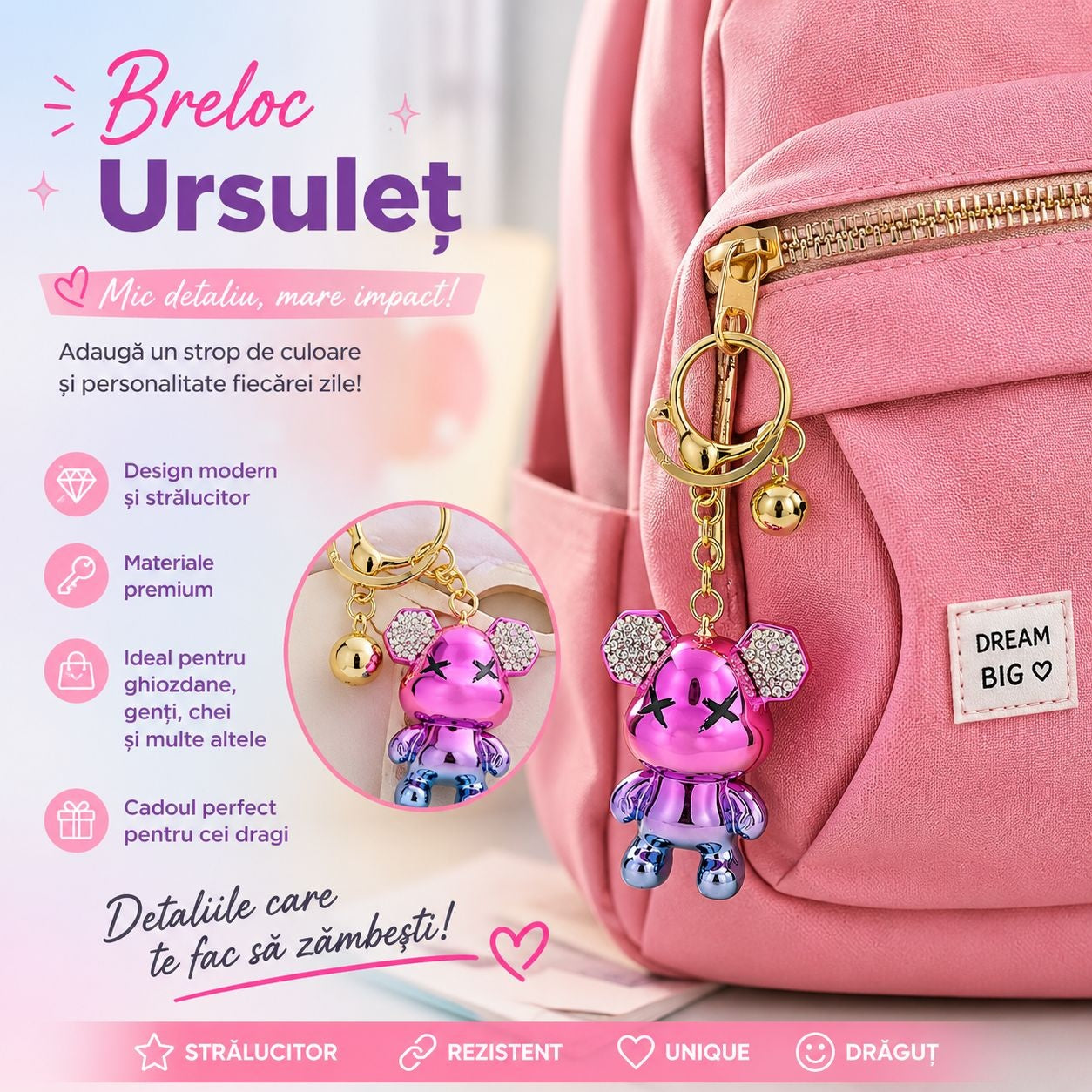 Set 12 Brelocuri Ursuleț cu Pietricele 5.5 cm – Mix Culori Metalizate, Accesorii pentru Chei și Ghiozdane