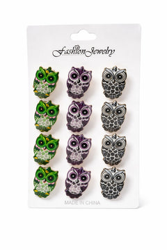 Set 12 brose martisor bufnite colorate, simbol intelepciune, 15x9cm
