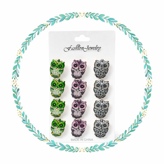Set 12 brose martisor bufnite colorate, simbol intelepciune, 15x9cm