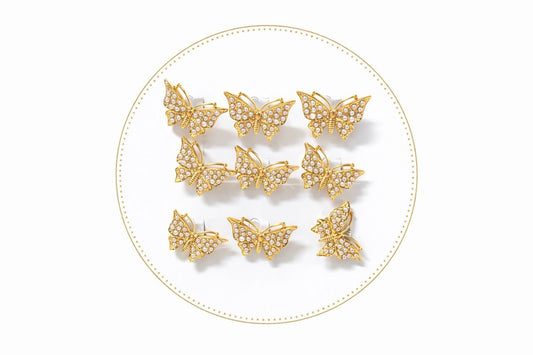 Set 12 brose martisor fluture auriu cu perlute albe elegante 15x9cm
