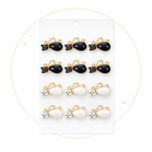 Set 12 brose Martisor pe carton prezentare, 17x10 cm, Cadou 1 Martie, Pisica alb negru